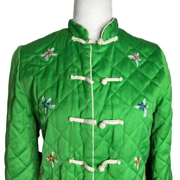 Vintage 70s Alfred Shaheen Quilted Asian Coat Small Green Frog Button Bell Sleev - Picture 2 of 6